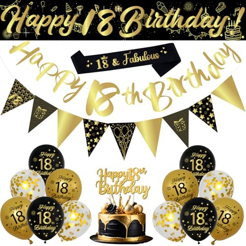 18th Birthday Decorations Set, 18Pcs Black and Gold Birthday Party Supplies with Happy 18th Birthday Banner, Triangle Flags, Sash, Black Gold Balloons Kit for Boys and Girls 18th Birthday Party