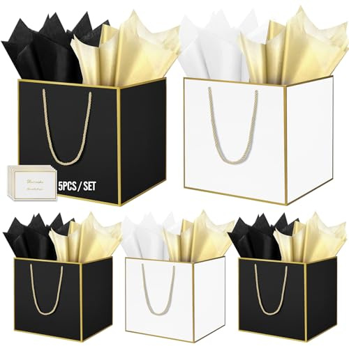 HONTIUS 11.8 Quadratische Geschenktüten, Geschenktüten Groß Geschenktüte xxl mit Taschentuch und Karten, Goldene Linie Geschenk Tüte Papiertüten mit Henkel 30 * 30 * 30cm Gift Bag Bags 5 Stück G
