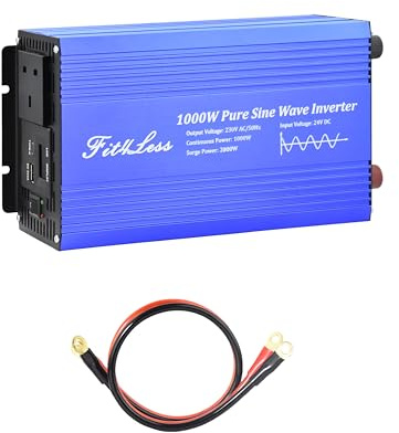 Fit4Less Pure Sine Wave Power Inverter 1000W DC24V input to AC230V 50Hz BS socket output, LCD Display, USB and Type C port output (1000W)