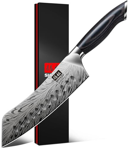 SHAN ZU Japanese Santoku Knives 18cm in Powder Steel Kitchen Chef Kinfe Ultra Sharp 12° Blade High Carbon 63 HRC Carving Knives, Professional Utility Knife with Ergonomic Pakkawood Handle