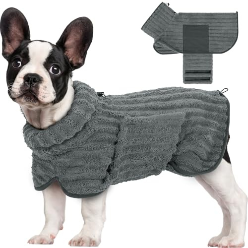 Woiil Hundebademantel aus Mikrofaser, Ultra Saugfähiger Bademantel Hund, Mit Klettverschluss Und Verstellbarem Gummizug, Maschinenwaschbar, Geeignet Für Große, Mittlere Und Kleine Hunde, Grau (M)