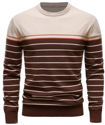 LUVCES Jersey Invierno Hombre Casual a Rayas Cuello Redondo Manga Larga Suéteres de Punto en Contraste Sueter Rayas Hombre Largo Manga para Otoño Albaricoque y marrón L