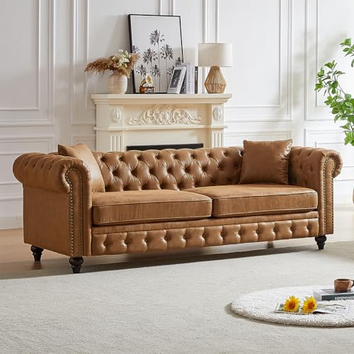 Mid Century Modern Couch, 85.5W Faux Leather Button Tufted Oversized Loveseat Sofa with Nailhead Trim & Roll Armrests, Deep Seat Comfy Chesterfield Sofa for Living Room, Office(3 Seater, Brown)