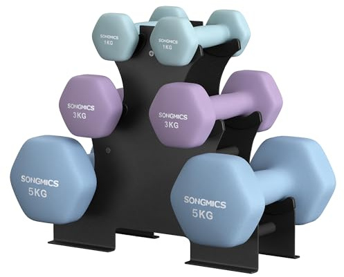SONGMICS Hantelset Hexagon med hantelställ 2 x 1 kg 2 x 3 kg 2 x 5 kg Matt finish Neoprenbeläggning Styrketräning Hemma Havsblå Royal Lila och Blekblå SYL618PZ02