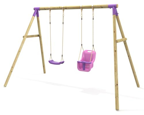 Rebo® Children's Wooden Garden Swing Set - Luna Purple | OutdoorToys | Pressure Treated Timber, Soft Feel Ropes, Baby Swing Seat, Sturdy Construction for Kids