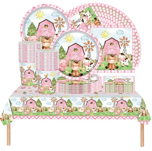 61 piezas Juego de vajilla para fiestas con temática de animales de granja a cuadros rosas, juego de vajilla para fiestas de cumpleaños infantiles, decoraciones para fiestas para niños y niñas