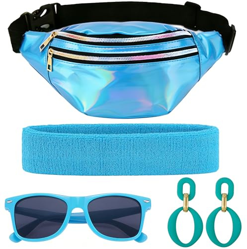 Sundonix 80er Jahre Bauchtasche Damen für Fasching & Karneval - Neon Party Accessoires 80er Kostüm Outfit mit Bauchtasche, Stirnband, Ohrringen, Brille
