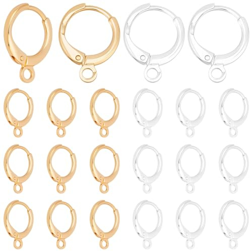 Beebeecraft 40 stycken 2 färger Huggie Hoop örhängen krok 18 karat guld och 925 sterlingsilver mässing pläterad rund fransk spak örhängen upptäckt spänne örontråd klämma för smycken