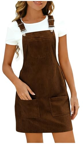 Women's Corduroy Overall Dresse Casual Pinafore Dress Square Neck Solid Pocket Front Wide Straps Short Dungarees Sleeveless Vintage Mini Dress