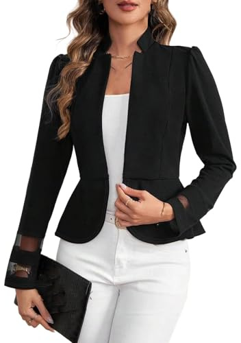 Blazer Negro con Cuello Alto para Mujer, Oficina Entallada con puños de Malla para Ropa de Trabajo Primavera Verano Black Mediano