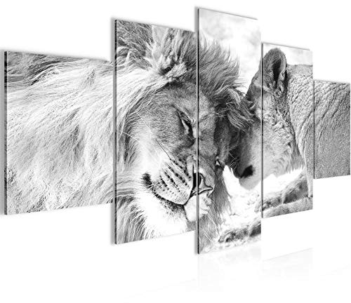 Runa Art - Quadri Leoni Amore 200 x 100 cm 5 Pezzi XXL Decorazione Murale Design Bianco E Nero 002151c