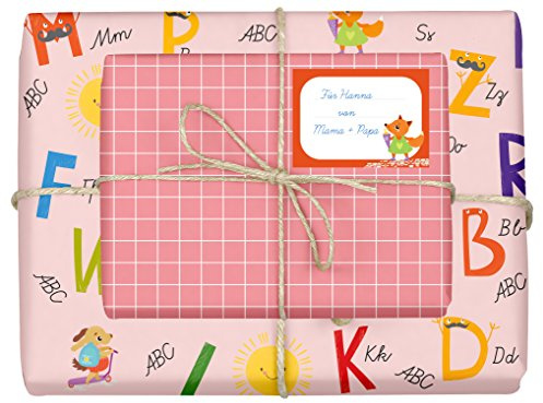 dabelino® Geschenkpapier Einschulung für Mädchen/Kinder, rosa: 4x Bögen + 4 Aufkleber/Schulheft-Etiketten, Set (Schulanfang, Schule, Schulkind) | (Einzelbögen, Recycling, nachhaltig)