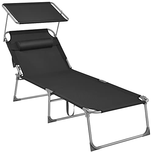 SONGMICS Bain de Soleil Grand, Chaise Longue Pliable, Transat, 200 x 71 x 38 cm, Capacité de Charge 150 kg, avec Pare-Soleil et Dossier Inclinable, pour Jardin, Piscine, Terrasse, Noir GCB22BK