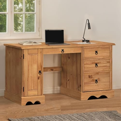 Corona Computer Desk Straight Solid Wood Pine Drawers Keyboard Shelf Door Cupboard Wooden Large Long Office Bedroom Mexican Style 74cm High 145cm Wide 48cm Deep