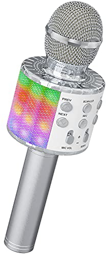 Magic Sing LED Karaoke Mikrofon Kinder, Drahtloses Bluetooth Spielzeug ab 3-12 Jahre Geschenk Mädchen KTV Lautsprecher mit Stimmenverzerrer, Heim KTV Karaoke Maschine für Android, iOS, PC(Silber)