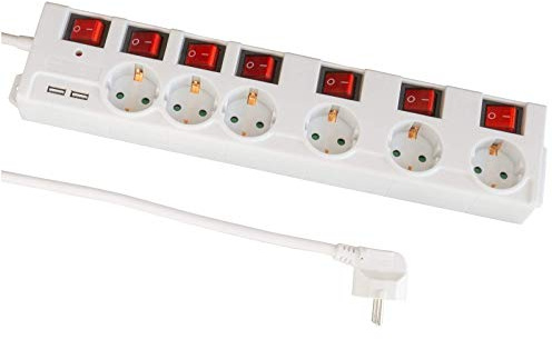 FeinTech MD000652 Regleta de 6 enchufes con Interruptor Individual USB protección contra sobretensiones Blanco