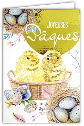62-1016 Carte Joyeuses PÂQUES Poussins Jaunes Coquilles d'œufs en Or Doré Brillant - Avec enveloppe - Format fermé 115x170mm ; Fabrication Française ;
