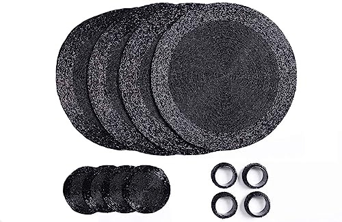 Penguin Home® Set von 12 Tischsets mit Glasperlen, Untersetzer und Serviettenringe - Schwarze Farbe - Runde Tischsets - Handgefertigt von erfahrenen indischen Handwerkern - Durchmesser - 32 cm