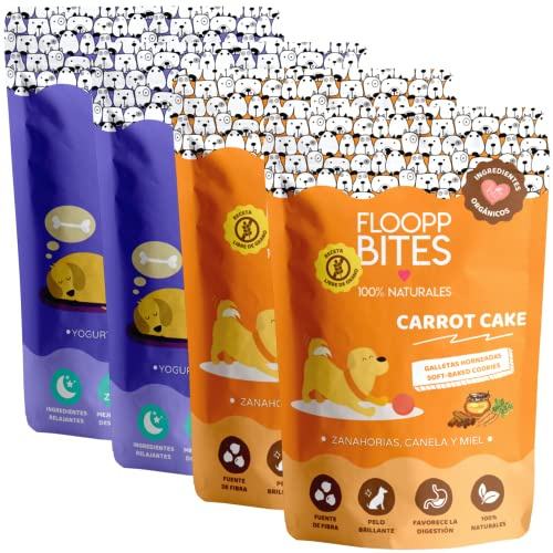 Floopp Bites Snack Natural para Perros, Mix de Galletas Crujientes Relajantes e Hipoalergénicas, Pack 4x100g