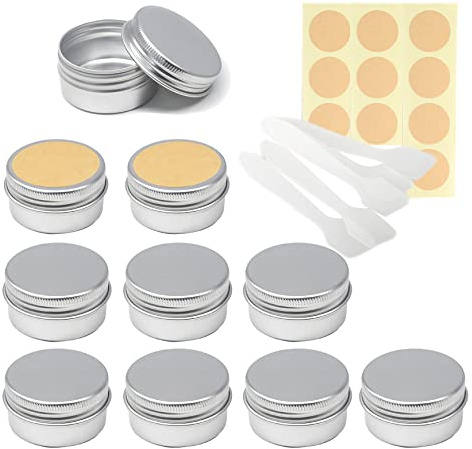 LusDoly 10 Stück 30ml Silber Leer Aluminium Schraubdose - Ø47x25mm Cremedose Aluminiumdose mit Schraubdeckel Runde Alu Dosen Aludose Kosmetikdosen Kerzendosen mit Spatel, Etikette