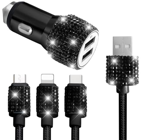 Bling Dual USB Car Charger with 3-in-1 Multi Fast Charging Cable, Dual Port Charger Adapter with Type C Micro USB Cord for iPhone, Android, Rhinestones Car Interior Accessories for Women(Black)