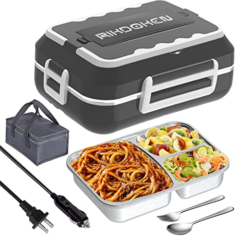 RIKDOKEN 60W Faster Heat Electric Lunch Box Heater for Car Truck Work Home, 12V 24V 110V Portable Food Warmer with 1.5L Stainless Steel Container, Leak-Proof Lunch Heater with Bag, Spoon, Fork