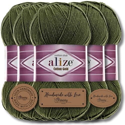 Hobby YARN 3x Etikettenlabel mit Alize Cotton Gold Wolle Premium 5x100g als Set, Yarn, Garn, Sommerwolle, Baumwolle, Strickgarn, Einfarbig, Baby, Kleidung, Schals (Forest Green - 29)