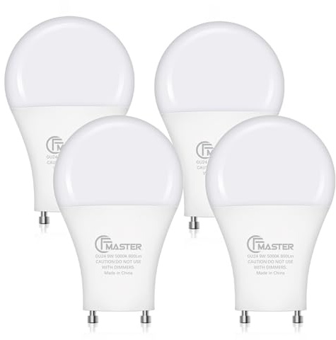 CFMASTER GU24 LED Light Bulb, 5000K Daylight, 9W(100W Equivalent), 800 Lumens, A19 Shape GU 24 LED Bulbs, Twist and Lock GU24 Pin Base with Two Prongs, Non-Dimmable, UL ETL Certificated(4-Pack)