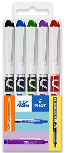 PILOT V PEN - Erasable Disposable Fountain Pen - 0.6mm Nib Tip - Medium Line - In Envelope Gift Packaging - Pack of 5 - Black, Blue, Red, Green & Violet