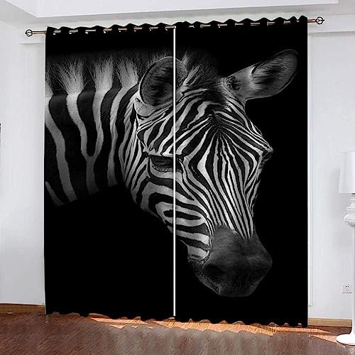 TEMLAN Wildes Tier Zebra Kinder Gardinen Schwarze Und Weiße Streifen Vorhänge Blickdicht Mit Ösen, Digitaldruck 3D Thermogardine Für Schlafzimmer Wohnzimmer (265 x 215 cm)