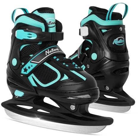 Nattork Ice Skates for Kids, Boys and Girls, Hockey Lace-Up Adjustable Skates - Soft Padding and Reinforced Ankle Support with 4 Sizes Adjustments - Teal