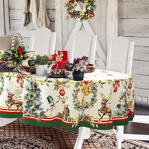 Yighty Ovale Weihnachtstischdecke, 137 x 183 cm, Weihnachtsbaum-Elch, Weihnachtsdekoration, Tischdecke, Polyester, wasserdicht und knitterfrei, langlebig, Weihnachtstischdecke für Küche, Winter und