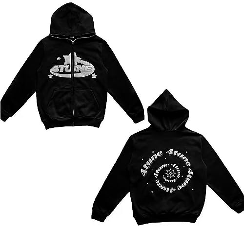 Felpa con Cappuccio e Zip da Uomo 4 Tune Felpa con Stampa di Lettere a Stella retrò Felpa con Cappuccio Streetwear Felpa con Cappuccio a Maniche Lunghe Fodera in Pile(Black-01,S)