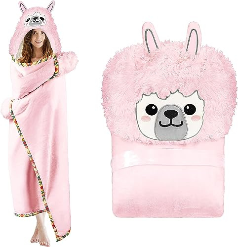 SASIGAYA Rosa Faultier Decke Geschenk für Frauen Tragbare Decke mit Ärmel und Kapuze Sofadecke Flauschig Kuscheldecke Sherpa Fleece Ärmeldecke TV-Decke Weich Warm Wohndecke Winterdecke 152×125cm
