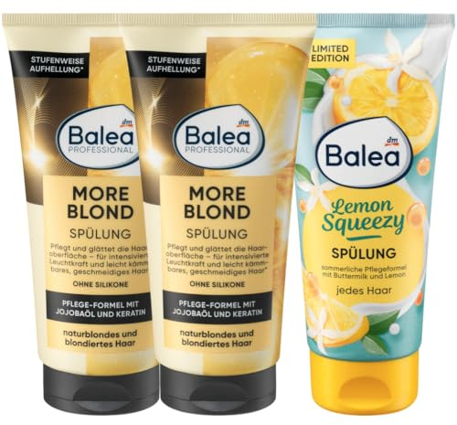 Balea 3er-Set Haarpflege: Professional Spülung More Blond mit Jojobaöl & Keratin für naturblondes & blondes Haar, 2 x 200 ml + Haarspülung Lemon Squeezy Geschmeidigkeit & Kämmbarkeit, 200 ml, (600 ml)