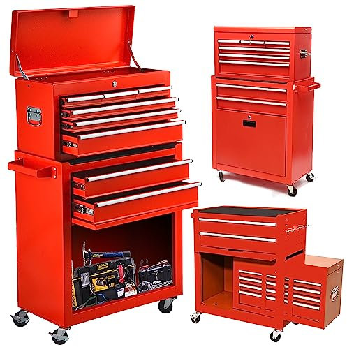 Samnuerly 8 Drawer Tool Chest with Wheels, Red Rolling Tool Chest, 2-in-1 Detachable Tool Cabinet, Tool Organizers and Storage with Lockable and Wheels for Garage, Workstation, Warehouse