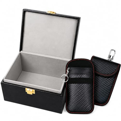 Faraday Box for Car Keys with 2 Faraday Key Fob Protector Pouches, RFID Signal Blocking Key Box for Keyless Entry & Relay Theft Protection, Black