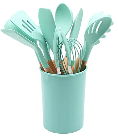 Cyrank Set di Utensili da Cucina in Nylon Verde, Set di Utensili da Cucina da 12 Pezzi con Manico in Legno per Cucinare Utensili da Cucina per Pentole Antiaderenti