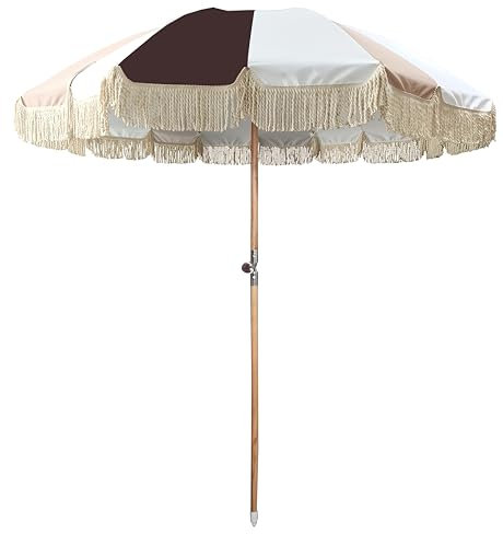 LIFE IS Ombrellone 200 cm, 8 stecche in fibra di vetro 8.0 mm. Palo in legno di faggio con tilt inclinabile. Materiale Canvas, waterproof, protezione UV50+, con frangia in cotone da 15 cm.