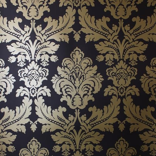 SOPHIE LAURENCE Black & Gold Damask Wallpaper - Vintage Floral Metallic Finish, Easy Apply & Washable (0.52m x 10.05m, Covers 5.2sqm) - Perfect for Any Room