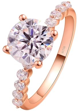 Skcess 18 Karat Roségold Damenringe Weiß Moissanit Runden, Ringe Frauen Ring mit 4 Zinken Ringe Frauen Größe 63 (20.1)