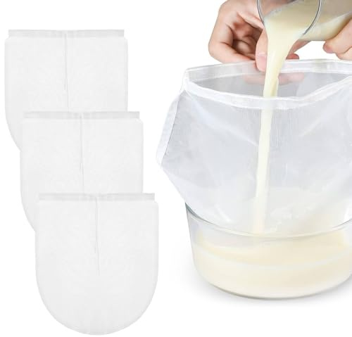 Gjinxi 3 Stk Nussmilchbeutel Feinmaschiges 25x30cm Nylon Passiertuch Abseihtuch Filterbeutel Filter Braubeutel Weibe Feinmaschenfilterbeutel mit Kordelzug für Wein,Koffee,Obstsaft,Marmelade(Weiß)