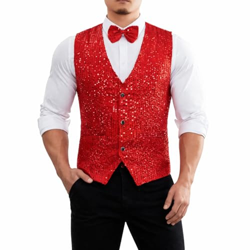 Caziffer Glänzende Pailletten-Weste für Herren, tiefer V-Ausschnitt, einfarbig, Partykleid, Anzugweste, Fliege, Knopf, Weste für Business, Hochzeit, rot, M