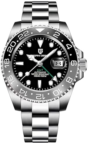 CADISEN Pagani Design GMT Herren-Armbanduhr, mechanisch, vollautomatisch, 40 mm, Datum, 100 m, wasserdicht, Edelstahl, wasserdicht, drehbar, Keramik-Lünette, Sportuhr für Herren
