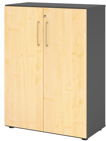bümö Aktenschrank abschließbar, Büroschrank Holz 80cm breit in Graphit/Ahorn - abschließbarer Schrank mit Aktenregal für's Büro & Arbeitszimmer, Büro Möbel Ordnerschrank mit Schloss