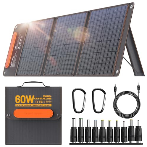 Chargeurs de panneaux solaires portables de 60 W avec 15 V USB et 18 V CC, panneau solaire étanche IP65 avec sac de rangement léger, charge rapide et pliable pour camping, randonnée, téléphone