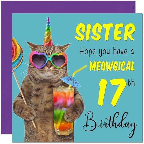 Geburtstagskarte für Schwester zum 17. Geburtstag – Meowgische Katze, lustige Geburtstagskarte für 17-jährige Teenager, Kinder, siebzehnt, siebzehnte