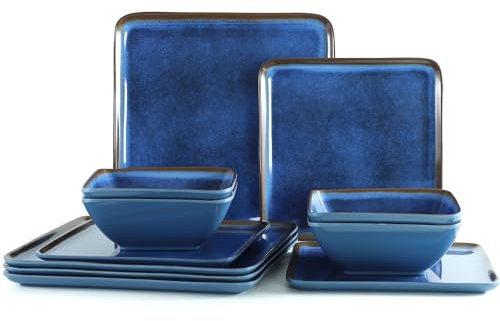 Golonger Melamine Dinnerware Sets, 12 Pcs Square Plates and Bowls Sets of 4, Unbreakable Dishes Set for Outdoor Use, Lightweight Dishware Set for Camping,Patio and RV, Dishwasher Safe, Navy Blue