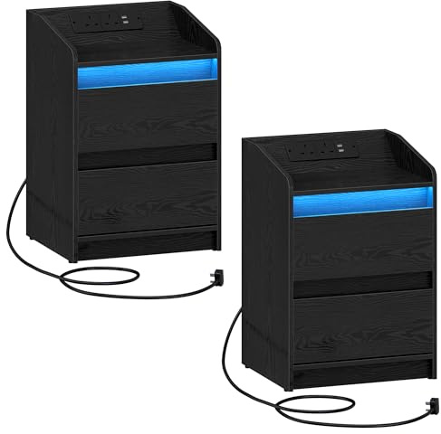Hzuaneri Bedside Table Set of 2, Charging Station & LED Lights, Black | Bedside Cabinet with 2 Drawers, Nightstand with USB Ports & Power Outlet for Living Room and Bedroom, NS30104XUK