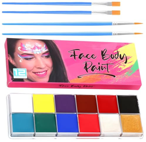 QOCUILC 12-Farben Kinderschminke Set & 6 Mini-Stifte | Waschbare Bodypainting Farben | Halloween, Karneval, Fasching | Professionelles Face Paint | Inklusive Pinsel| Ungiftig & Hautfreundlich
